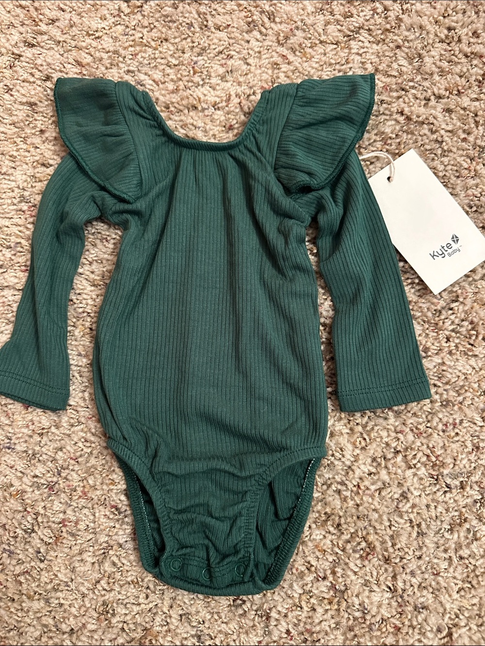 Kyte BABY Dark Emerald Ribbed Ruffle Shoulder One-Piece size 6-12 mos.